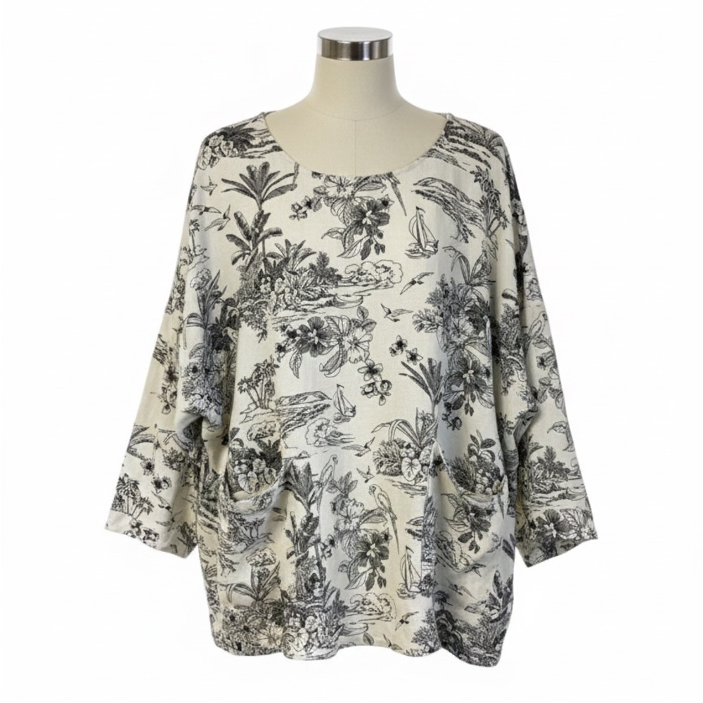 Cynthia Rowley Linen Blend Toile Print Top Cream Black 1X Smock Tunic